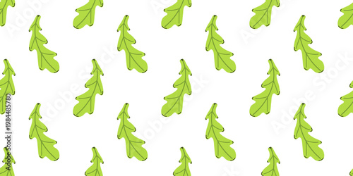 Vector seamless pattern with fresh arugula salad leaf on white background. Green salad herb backdrop print for kitchen textile, wrapping paper, packaging and healthy vegan food design.