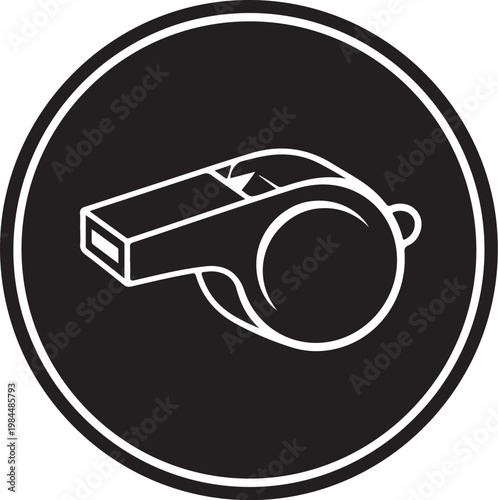Referee whistle icon, black and white design, sports symbol, vector illustration