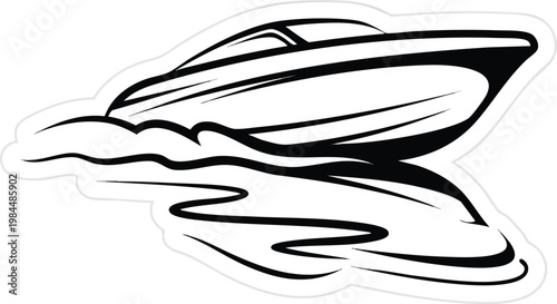 Stylized Motorboat Graphic with Bold Black Outline Sticker Style