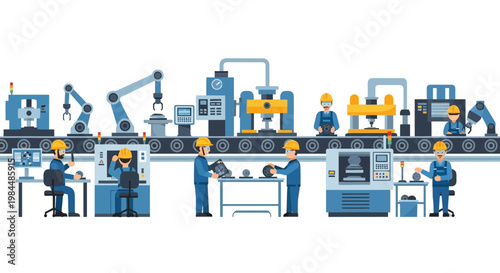Modern automated factory production line with robotic arms and workers