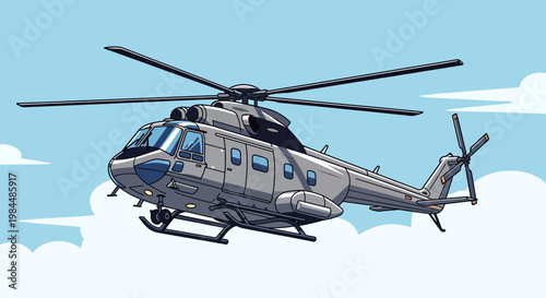 Pixel Art Helicopter Flying in Blue Sky with Clouds