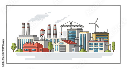 Modern Industrial Cityscape with Factories, Wind Turbine, and Crane - Flat Design