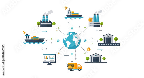 Global Supply Chain Logistics Network Illustration with Earth and Connected Industries