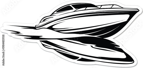 Motorboat Stylish Sticker Black Outlines Against White Background Modern Yacht