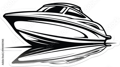 Motorboat Stylized Sticker Art Bold Black Outlines on White Backdrop