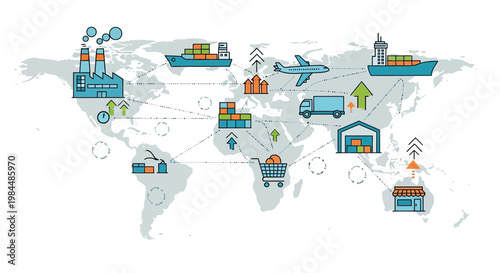 Global Logistics Network: Shipping, Air Cargo, Trucking, Warehousing, and Retail on World Map
