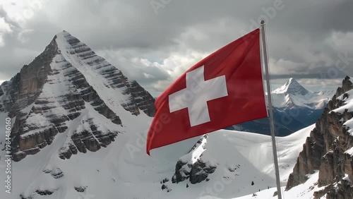 National Emblem of a European Nation Displayed Before a Majestic Alpine Peak with Glacial Formations