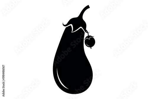 A black silhouette of an eggplant with stem and leaf against a white background