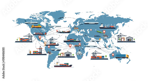 Global Logistics Network: World Map with Shipping, Airplanes, Trucks, and Warehouses