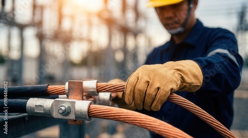 Concept for energy safety and power grid maintenance with a technician working on high voltage lines.