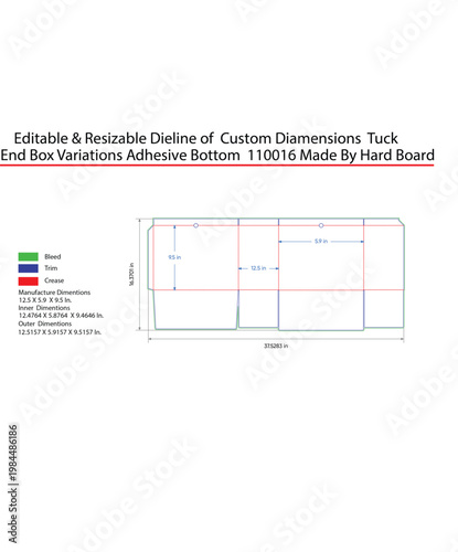 Custom tuck end box dieline, hard board, editable template with dimensions