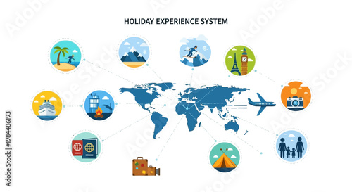Global Travel Experiences: World Map with Icons of Vacation Activities and Destinations
