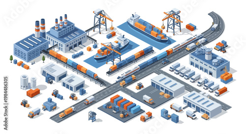 Global Logistics Hub: Ships, Trains, Trucks, and Warehouses in Isometric View