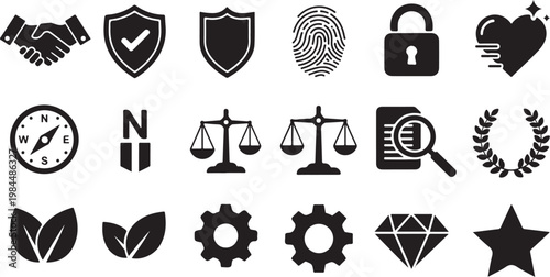 Collection of various black and white icons