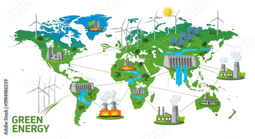 Global Green Energy Network: Renewable Power Sources on World Map