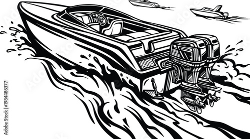 Speed Boat Vector Illustration with Monochrome Intense Linework Detail