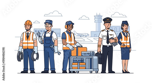 Diverse Airport Workers Group Illustration: Mechanics, Pilot, Cabin Crew, Ground Staff
