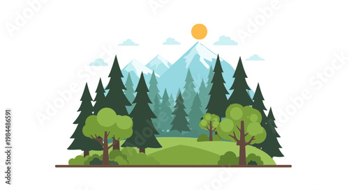 Flat design mountain landscape with pine forest, green hills, and sun