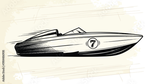 Speed Boat Line Art Vintage Race Boat Design in Retro Streamlined Style