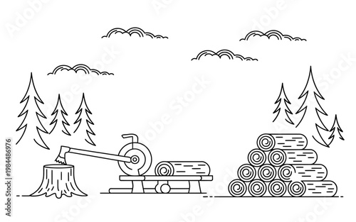 Wood processing machine cutting logs into lumber with forest background