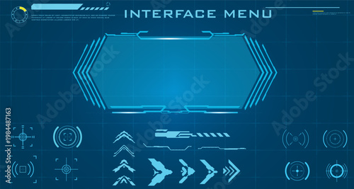 Collection of futuristic digital interface elements for immersive gaming environments and advanced technology displays, featuring abstract HUD components