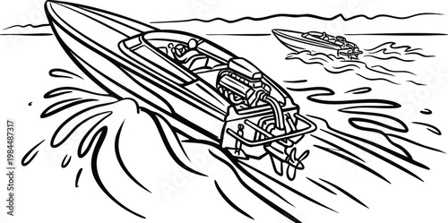 Speed Boat Cruising on the Water with Passengers Vector Illustration
