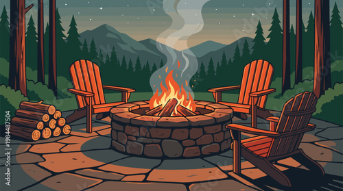 Night landscape vector illustration of a cozy stone fire pit with wooden chairs and firewood in the forest. Outdoor camping scene with mountains and stars.