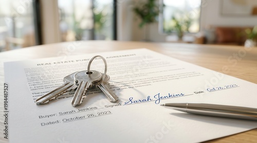 A signed contract document with a pen and house keys for property ownership and real estate.