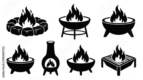 Black and white silhouette vector collection of various outdoor fire pit designs. Stone ring, chiminea, and metal bowls with burning flames isolated.