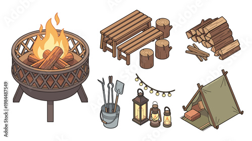 Isometric camping equipment vector set with a burning fire pit, wooden benches, tent, logs, lanterns, and tools isolated on white background.