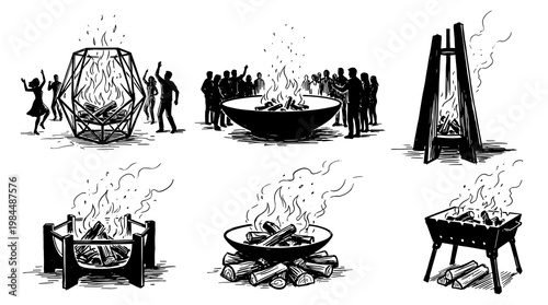 Hand drawn sketch vector set of modern and traditional outdoor fire pit designs. Black and white illustration of people gathering around burning firewood isolated on white.