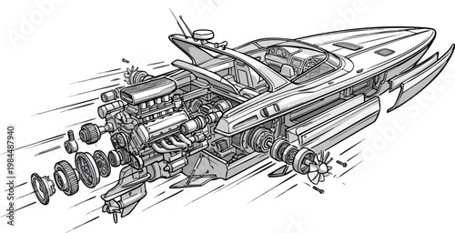 Speed Boat Internal Mechanics Blueprint Style Engineering Concept