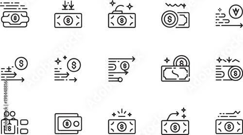A diverse set of simple line icons visually represents monetary transactions and the movement of money, featuring bills, coins, wallets, and directional arrows indicating flow.