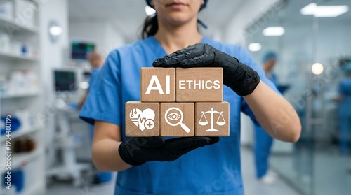 AI ethics and responsible artificial intelligence governance health care concept. Doctor holding blocks with icons sees the words AI ETHICS. Fair, safe, legal use of medical technology. new