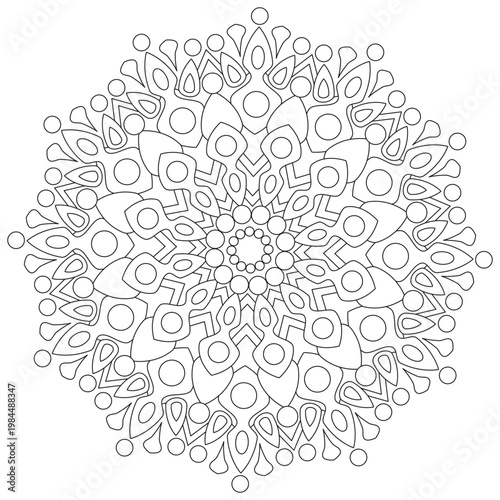 Mandala flower with symmetrical design for anti stress coloring book. Black and white. Printable botanical vector illustration for adults and children.