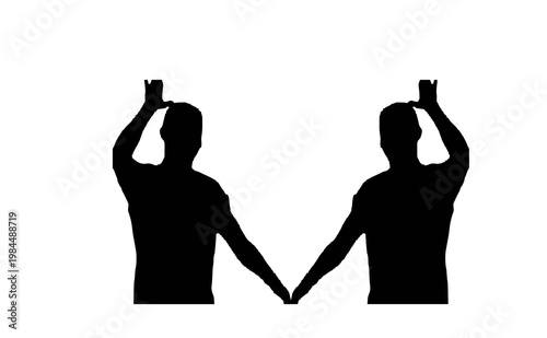 Silhouette of two men making loser hand signs, black male figures gesturing L on forehead, loser gesture concept vector illustration