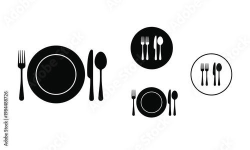 Plate and Cutlery Silhouette Icons Set – Fork Knife Spoon Dinnerware Symbols