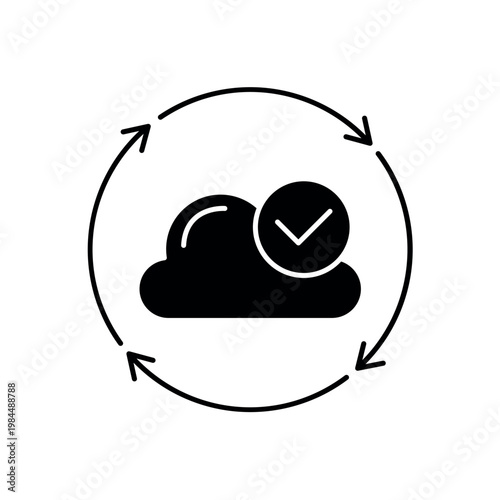 icon an offset verification with circular checkmark and cloud, on a clean background.