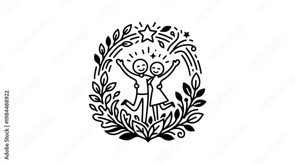 Obraz premium Joyful Couple Celebrating with Floral Wreath Element