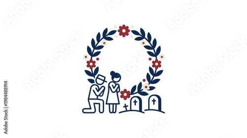 People Mourning at a Cemetery with Floral Wreath