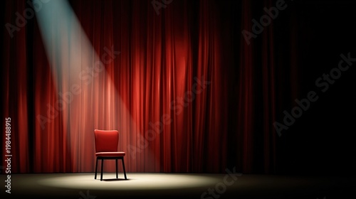 drama. Empty theater with a spotlight on a solitary chair, red curtains open. event programs, museum guides, designed for cultural heritage projects and event programs, elevates cultural identity.
