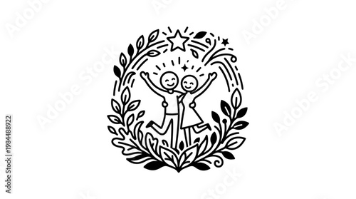 Joyful Couple Celebrating with Floral Wreath Element