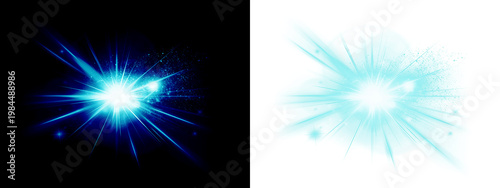 Konstfotografi High quality PNG lens flare with intense blue light rays and glowing particles, perfect for digital design, advertising, and creative projects requiring transparent backgrounds