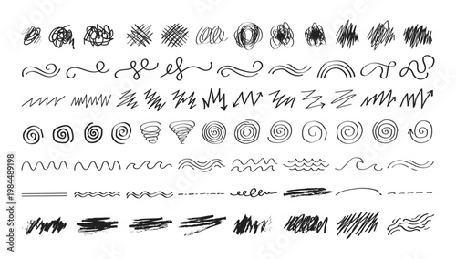 Hand Drawn Scribble Lines Set, Doodle Sketch Strokes, Abstract Swirl and Wave Lines, Pencil Brush Vector, Rough Sketch Elements Collection