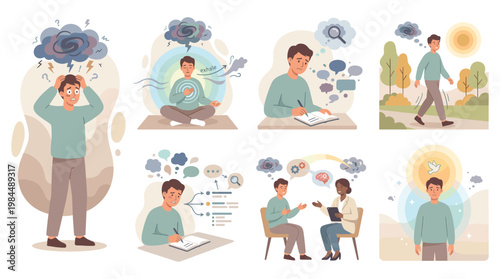 Anxiety Support Illustrations for Mental Health Wellness and Stress Coping Therapy