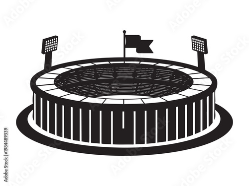 Black silhouette of a sports stadium with floodlights and a flag on a white background illustration