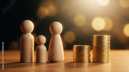 A concept of family savings growth and wealth protection with wooden figures and gold coins.