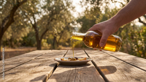 Pouring olive oil onto plate on wooden table in warm outdoor food scene