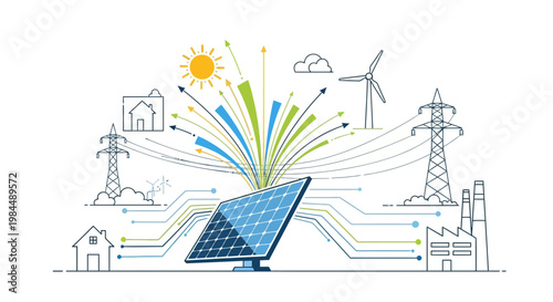 Renewable Energy Concept: Solar Panel Powering Homes, Factories, and Wind Turbine
