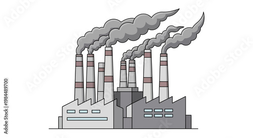 Industrial factory with smoking chimneys, pollution, smog, environmental impact, power plant illustration
